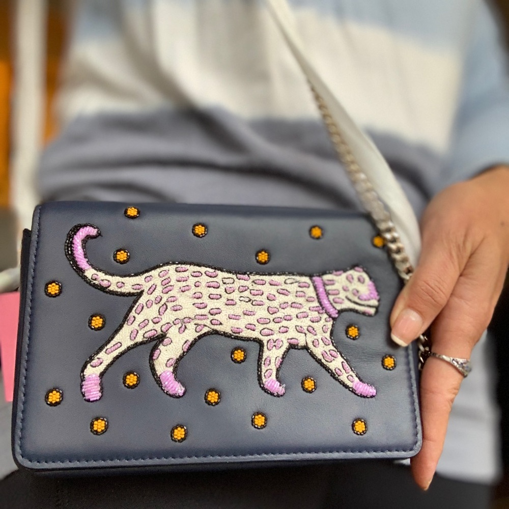 Authentic KATE SPADE leather Cheetah embellished flap magnetic snap Crosby - Picture 2 of 12